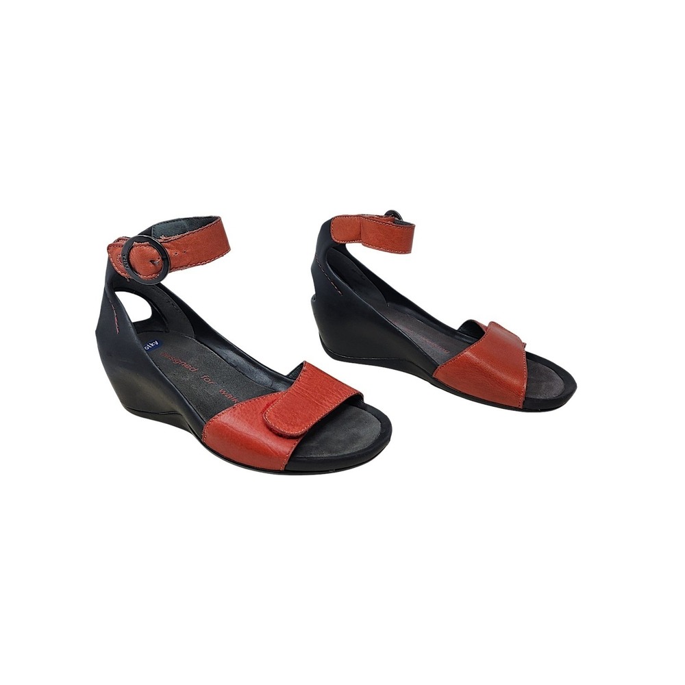 Wolky Wedge Sandals 37 6 Wom Black Red Leather Ankle Strap Comfort 1175 Walking